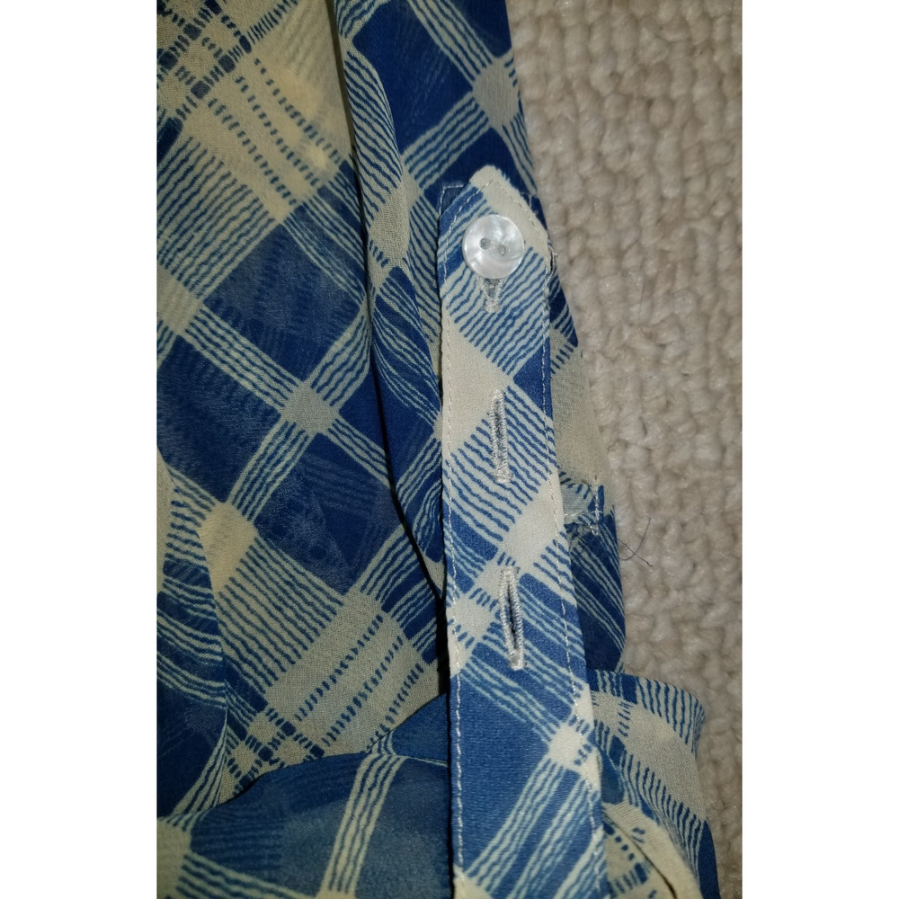 Womens Top-FREE PEOPLE-blue/ivory plaid gingham silky sheer high-low button-up-S - Picture 5 of 6